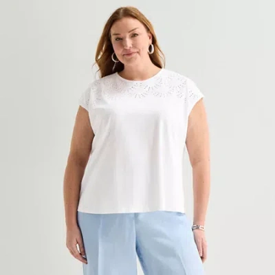 Liz Claiborne Womens Plus Crew Neck Short Sleeve Blouse In White