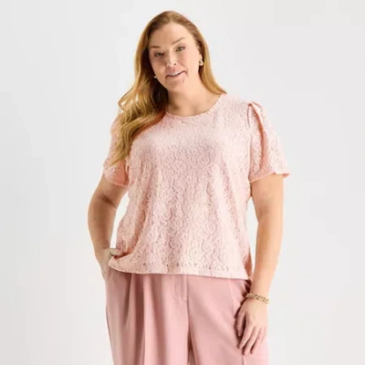 Liz Claiborne Womens Plus Crew Neck Short Sleeve Lace Blouse In Pink