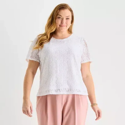 Liz Claiborne Womens Plus Crew Neck Short Sleeve Lace Blouse In White