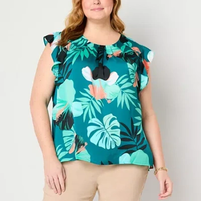 Liz Claiborne Womens Plus Crew Neck Sleeveless Satin Blouse In Blue