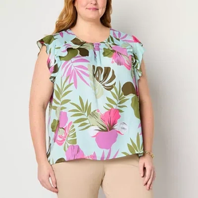 Liz Claiborne Womens Plus Crew Neck Sleeveless Satin Blouse In Green