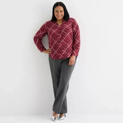 Liz Claiborne Womens Plus Easy-on + Easy-off Long Sleeve Adaptive Blouse In Red