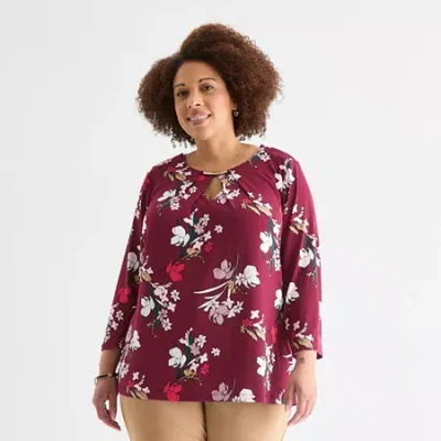 Liz Claiborne Womens Plus Easy-on + Easy-off Round Neck 3/4 Sleeve Adaptive Blouse In Red