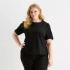 Liz Claiborne Womens Plus Easy-on + Easy-off Round Neck Short Sleeve Blouse In Black
