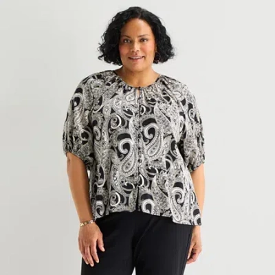 Liz Claiborne Womens Plus Elbow Sleeve Blouse In Black