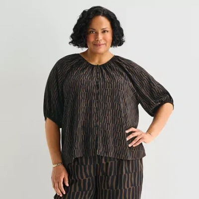 Liz Claiborne Womens Plus Elbow Sleeve Blouse In Brown