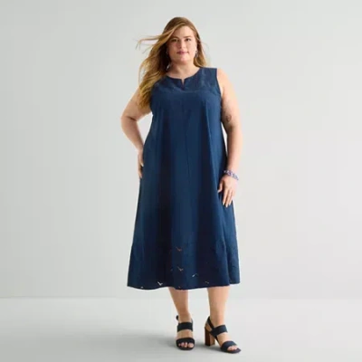 Liz Claiborne Womens Plus Embroidered Shift Dress In Blue