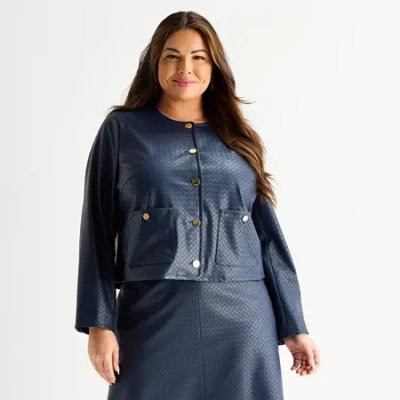 Liz Claiborne Womens Plus Faux Leather Lightweight Cropped Jacket In Blue