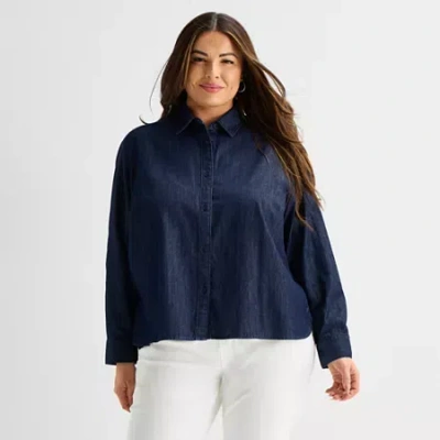 Liz Claiborne Womens Plus Fitted Long Sleeve Button-down Shirt In Blue