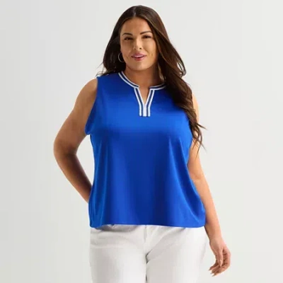 Liz Claiborne Womens Plus Henley Neck Sleeveless Blouse In Blue