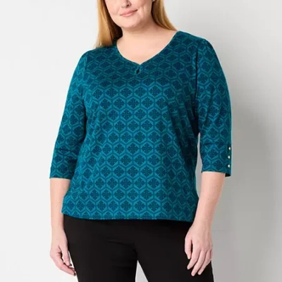 Liz Claiborne Womens Plus Keyhole Neck 3/4 Sleeve Blouse In Blue