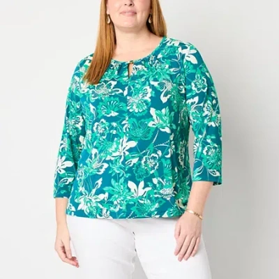Liz Claiborne Womens Plus Keyhole Neck 3/4 Sleeve Blouse In Blue