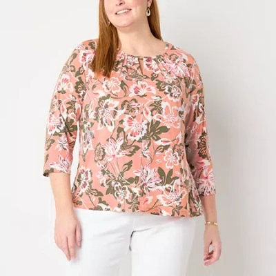 Liz Claiborne Womens Plus Keyhole Neck 3/4 Sleeve Blouse In Pink