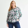 Liz Claiborne Womens Plus Keyhole Neck Long Sleeve Blouse In Green