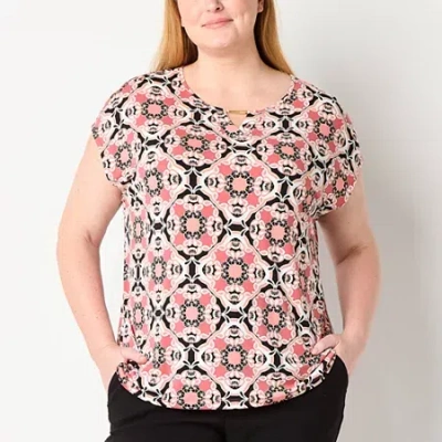 Liz Claiborne Womens Plus Keyhole Neck Short Sleeve Blouse In Black