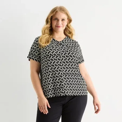 Liz Claiborne Womens Plus Keyhole Neck Short Sleeve Blouse In Black