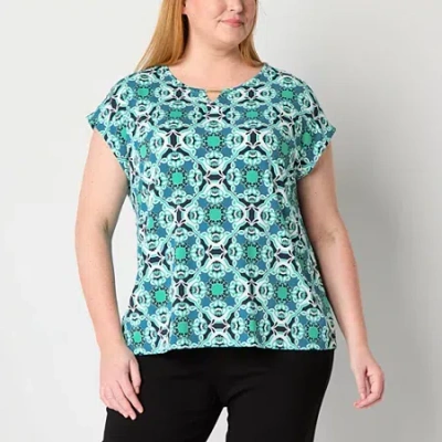 Liz Claiborne Womens Plus Keyhole Neck Short Sleeve Blouse In Blue
