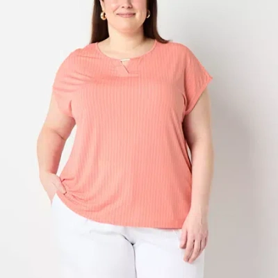 Liz Claiborne Womens Plus Keyhole Neck Short Sleeve Blouse In Pink