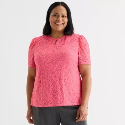 Liz Claiborne Womens Plus Keyhole Neck Short Sleeve Blouse In Pink
