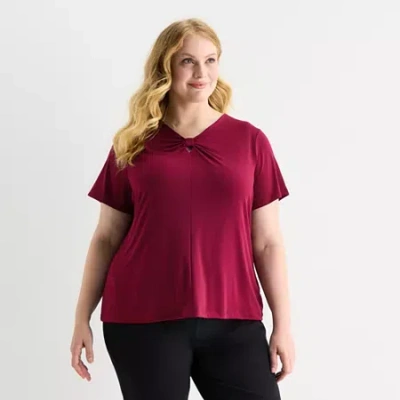 Liz Claiborne Womens Plus Keyhole Neck Short Sleeve Blouse In Red