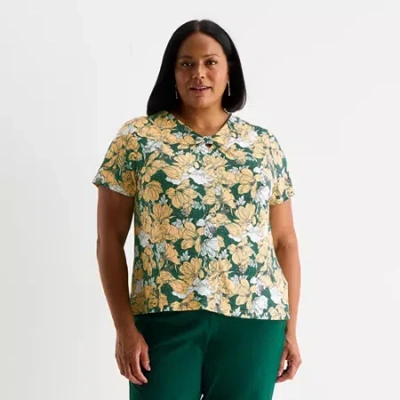 Liz Claiborne Womens Plus Keyhole Neck Short Sleeve Blouse In Yellow