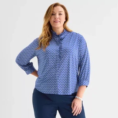 Liz Claiborne Womens Plus Long Sleeve Blouse In Blue