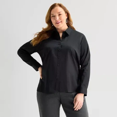 Liz Claiborne Womens Plus Long Sleeve Dress Shirt In Black