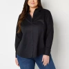 Liz Claiborne Womens Plus Long Sleeve Regular Fit Stretch Fabric Wrinkle Free Poplin Button-down Shirt In Black
