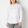 Liz Claiborne Womens Plus Long Sleeve Regular Fit Stretch Fabric Wrinkle Free Poplin Button-down Shirt In White