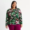 Liz Claiborne Womens Plus Round Neck Long Sleeve Blouse In Multi