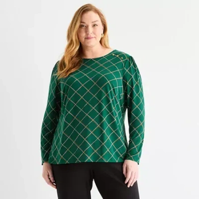 Liz Claiborne Womens Plus Round Neck Long Sleeve Blouse In Green
