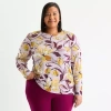 Liz Claiborne Womens Plus Round Neck Long Sleeve Blouse In Multi