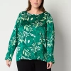 Liz Claiborne Womens Plus Round Neck Long Sleeve Satin Blouse In Green