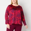 Liz Claiborne Womens Plus Round Neck Long Sleeve Satin Blouse In Red