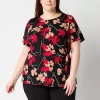 Liz Claiborne Womens Plus Round Neck Short Sleeve Blouse In Multi