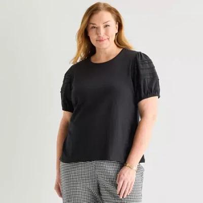 Liz Claiborne Womens Plus Round Neck Short Sleeve Blouse In Black