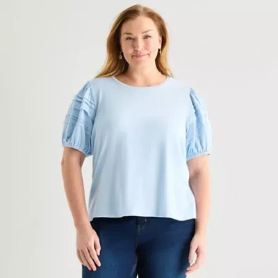 Liz Claiborne Womens Plus Round Neck Short Sleeve Blouse In Blue