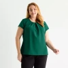 Liz Claiborne Womens Plus Round Neck Short Sleeve Blouse In Green