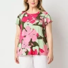 Liz Claiborne Womens Plus Round Neck Short Sleeve Blouse In Pink