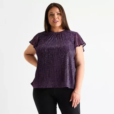 Liz Claiborne Womens Plus Round Neck Short Sleeve Blouse In Purple