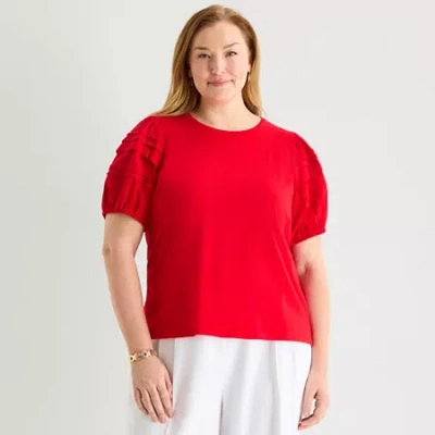 Liz Claiborne Womens Plus Round Neck Short Sleeve Blouse In Red