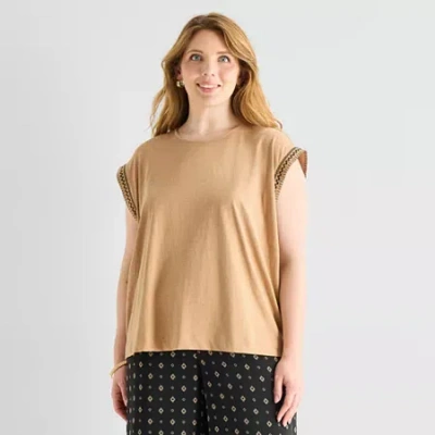 Liz Claiborne Womens Plus Round Neck Short Sleeve Blouse In Neutral