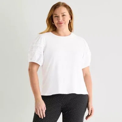 Liz Claiborne Womens Plus Round Neck Short Sleeve Blouse In White