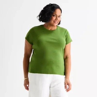 Liz Claiborne Womens Plus Round Neck Short Sleeve T-shirt In Green