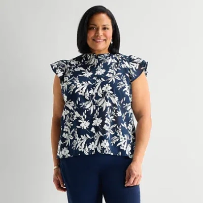 Liz Claiborne Womens Plus Short Sleeve Blouse In Blue