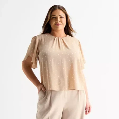Liz Claiborne Womens Plus Short Sleeve Blouse In Neutral