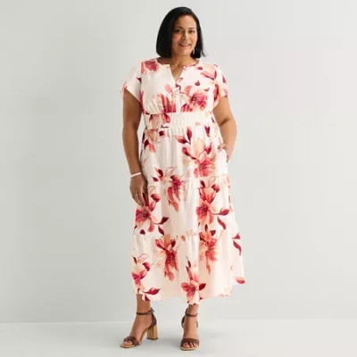 Liz Claiborne Womens Plus Short Sleeve Floral Midi Maxi Dress In White