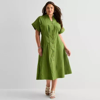 Liz Claiborne Womens Plus Short Sleeve Midi A-line Dress In Green