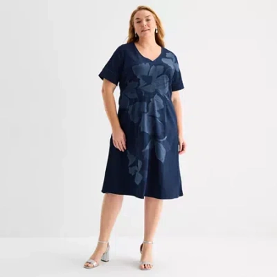 Liz Claiborne Womens Plus Short Sleeve Midi Floral A-line Dress In Blue