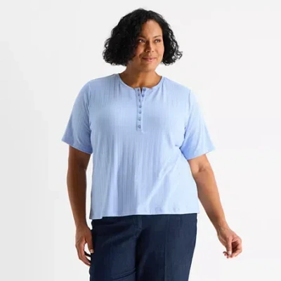 Liz Claiborne Womens Plus Short Sleeve Regular Fit Henley Shirt In Blue